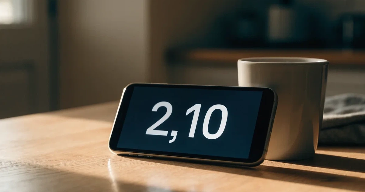 Ein Daumen schwebt über einem Smartphone mit dunklem Display, das auf einem Küchentisch neben einer Tasse liegt.