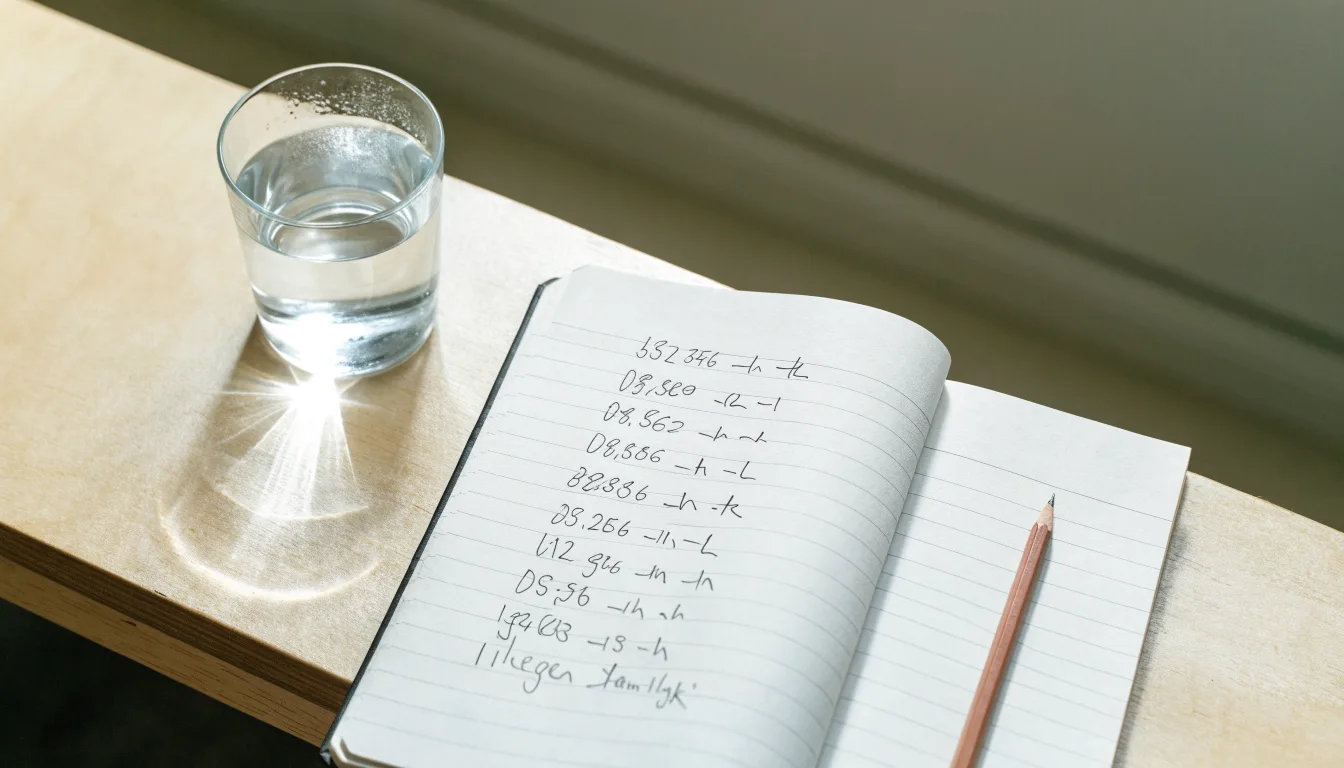 Ein Notizbuch und ein Bleistift liegen neben einem Glas Wasser auf einem hellen Tisch.