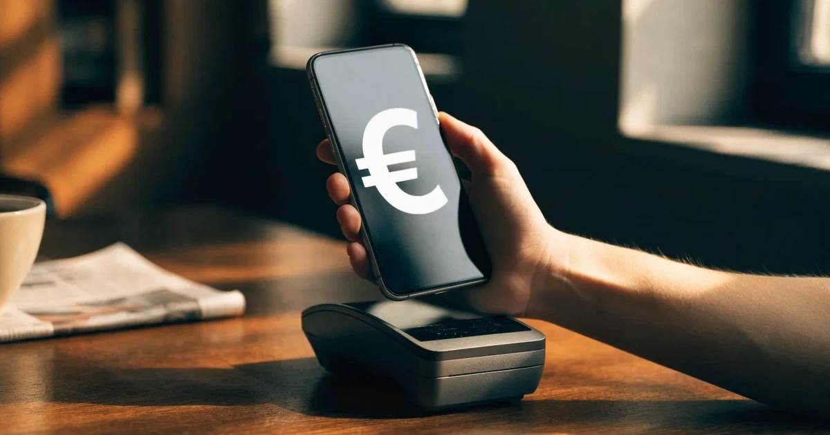 Eine Hand hält ein Smartphone dicht an ein Kartenlesegerät ohne erkennbare Beschriftung in einem Café.