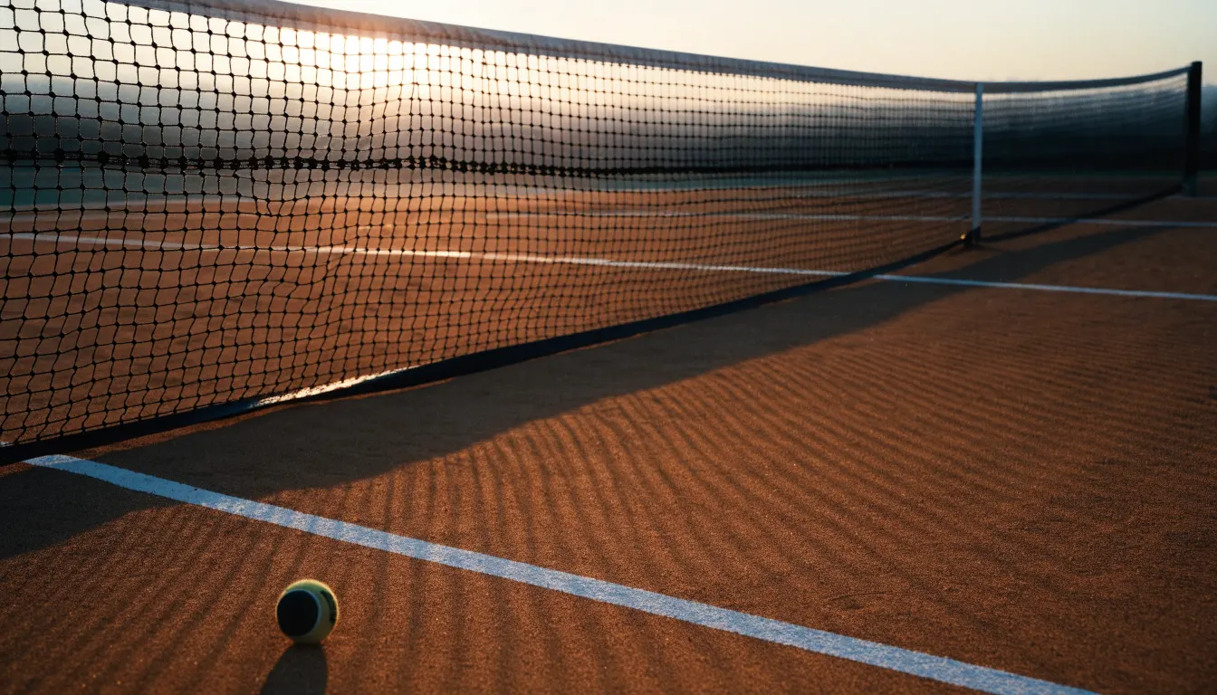 Ein Tennisplatz aus Sand bei Sonnenaufgang, das Netz im Gegenlicht, kein Mensch zu sehen.