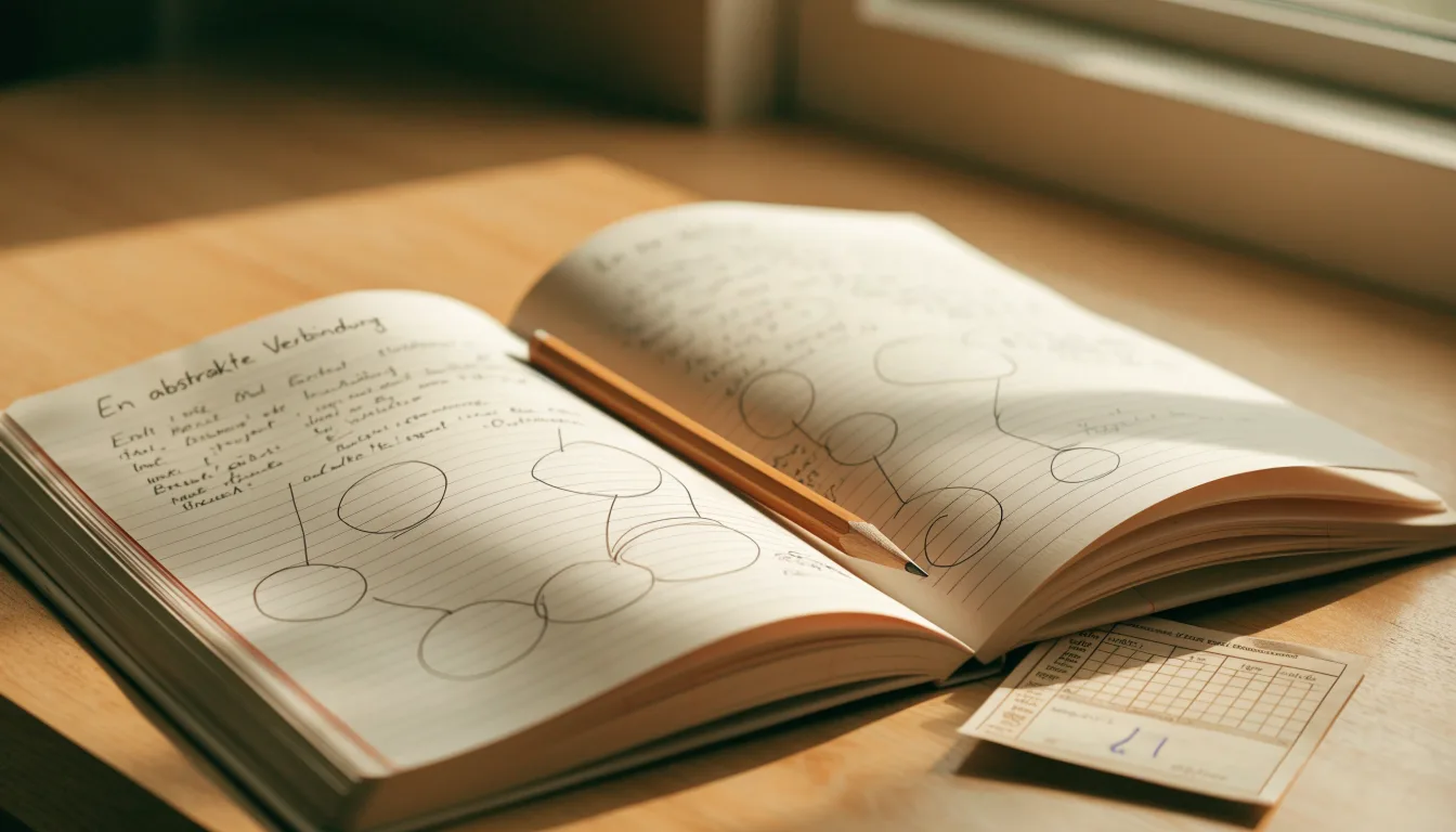 Ein Notizbuch mit handgezeichneten Knoten und Linien liegt neben einem Bleistift auf einem Schreibtisch.