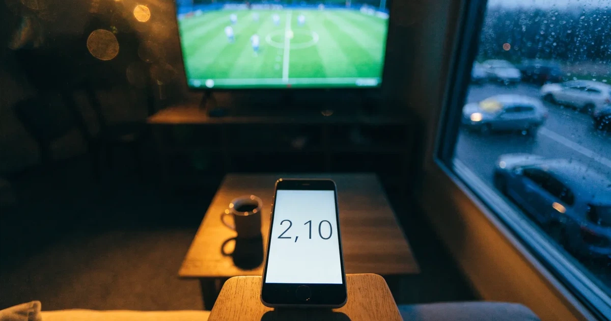 Ein Stadion unter Flutlicht aus großer Entfernung gesehen, davor ein regennasser Parkplatz in der Dämmerung.