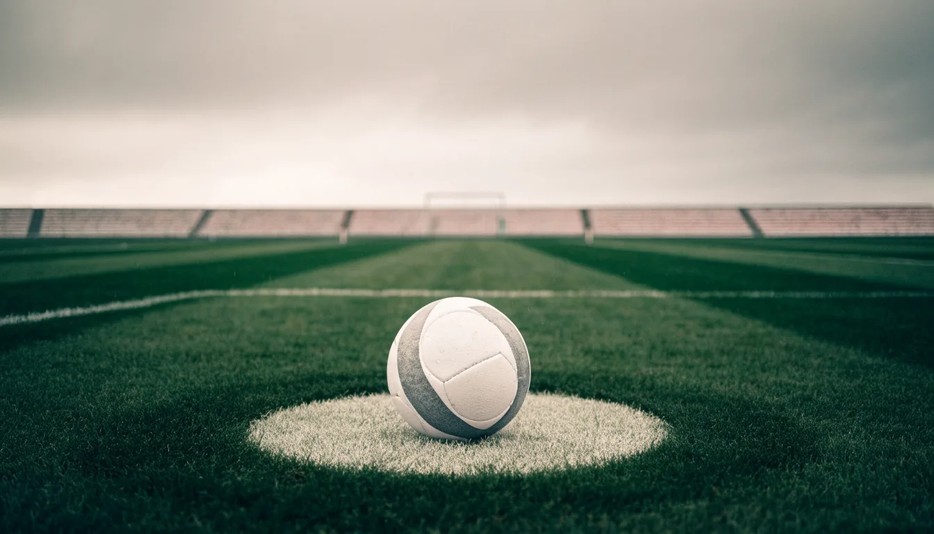 Ein Fußball liegt auf dem Anstoßpunkt eines leeren Rasenplatzes, im Hintergrund eine ruhige Tribüne unter bedecktem Himmel.
