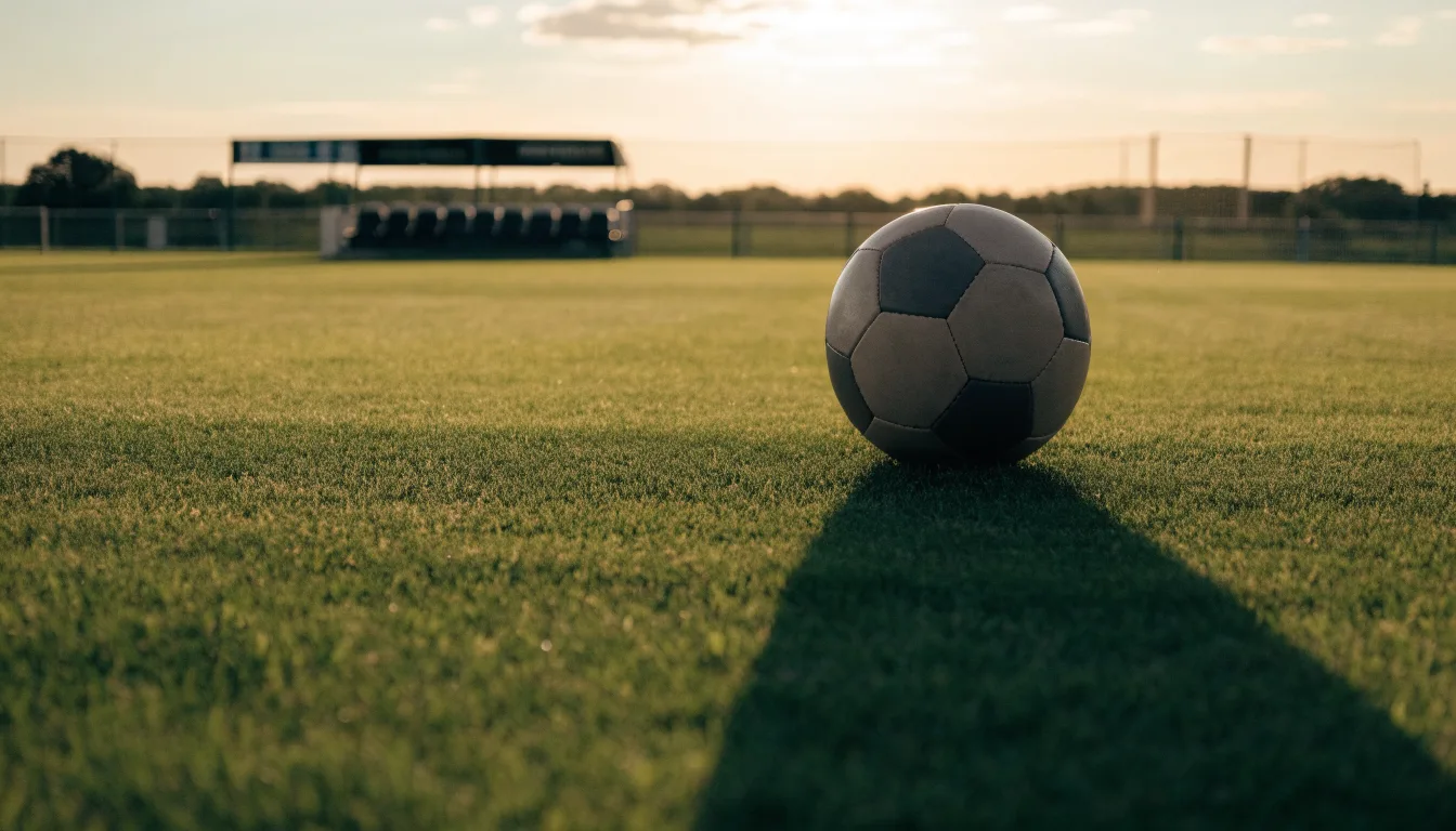 Ein Fußball auf einem Rasenplatz im Gegenlicht der tiefstehenden Sonne, am Spielfeldrand eine leere Ersatzbank.