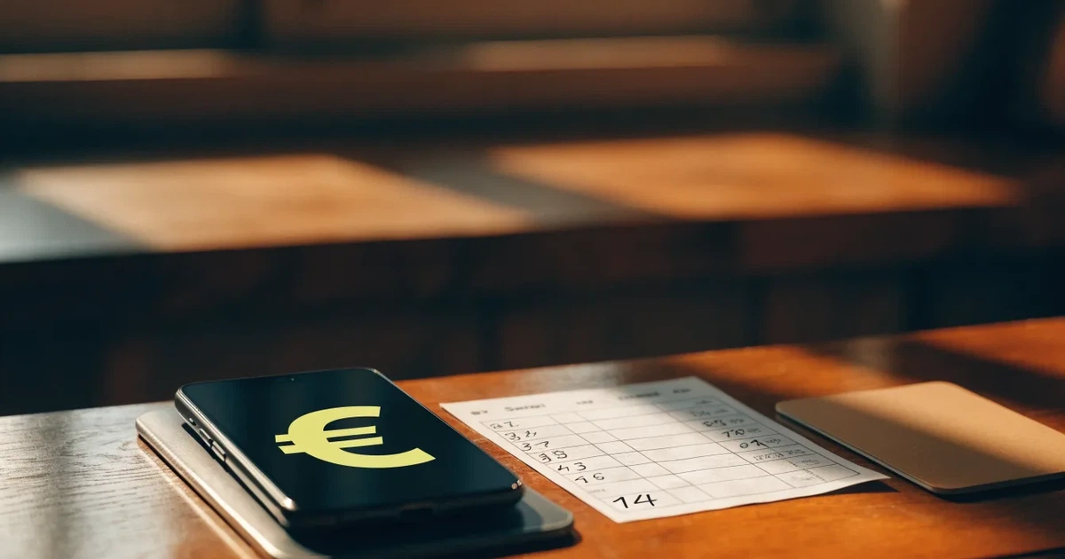 Ein Smartphone mit dunklem Bildschirm liegt neben einer Geldbörse und wenigen Münzen auf einem Holztisch im weichen Fensterlicht.