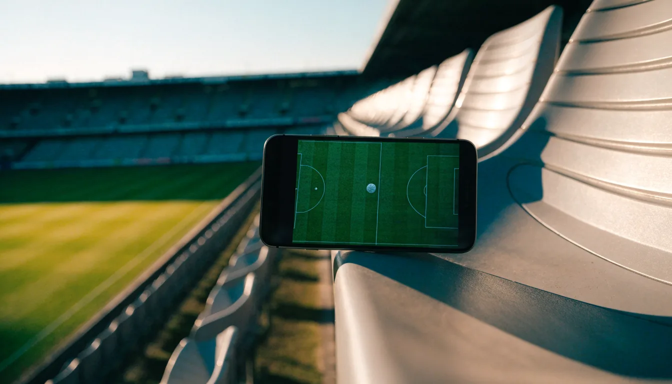 Ein leeres Fußballstadion bei Tageslicht von der Tribüne aus gesehen, der Rasen zeigt gleichmäßige Mähstreifen.