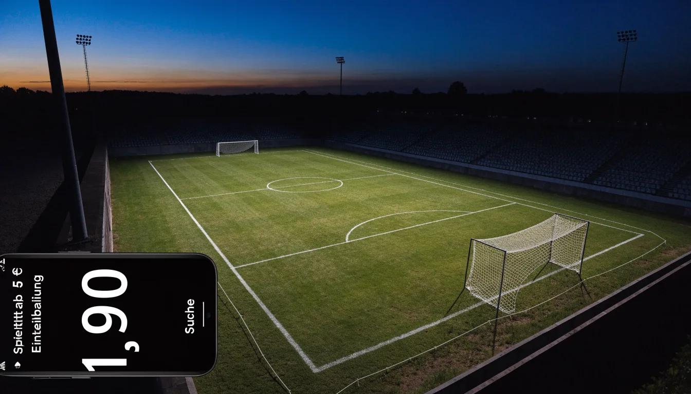 Ein Fußballplatz am Abend aus der Vogelperspektive, Flutlichtmasten ausgeschaltet, die Rasenlinien deutlich sichtbar.
