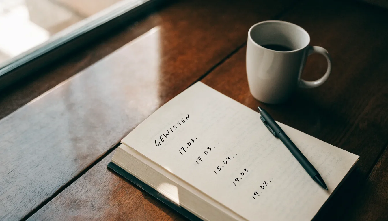 Eine Tasse Kaffee, ein Kugelschreiber und ein aufgeschlagenes leeres Notizbuch auf einem Küchentisch am Fenster.