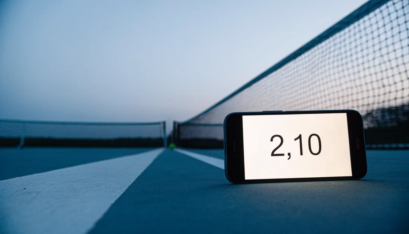 Ein Tennisplatz in der Dämmerung, Netz und Linien im Zwielicht, ohne Menschen und mit ruhigem Himmel.