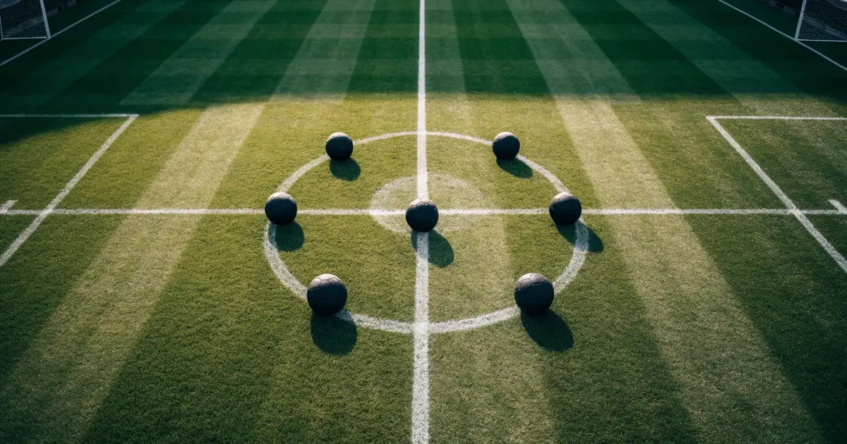Sechs Fußbälle in einem Kreis auf einem gepflegten Rasen, von oben aufgenommen, gleichmäßiges Tageslicht.