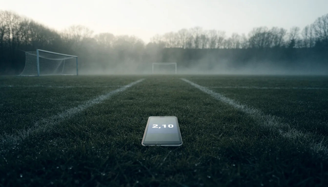 Ein Fußballtor mit Netz im Morgennebel auf einem leeren Platz, die Linien nur schwach zu erkennen.