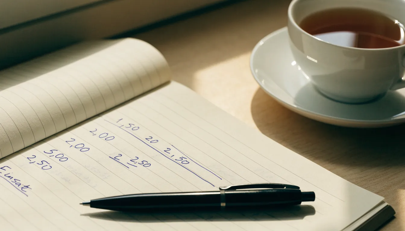 Ein Notizbuch mit handgeschriebenen Rechnungen und ein Taschenrechner auf einem Schreibtisch neben einer Teetasse.