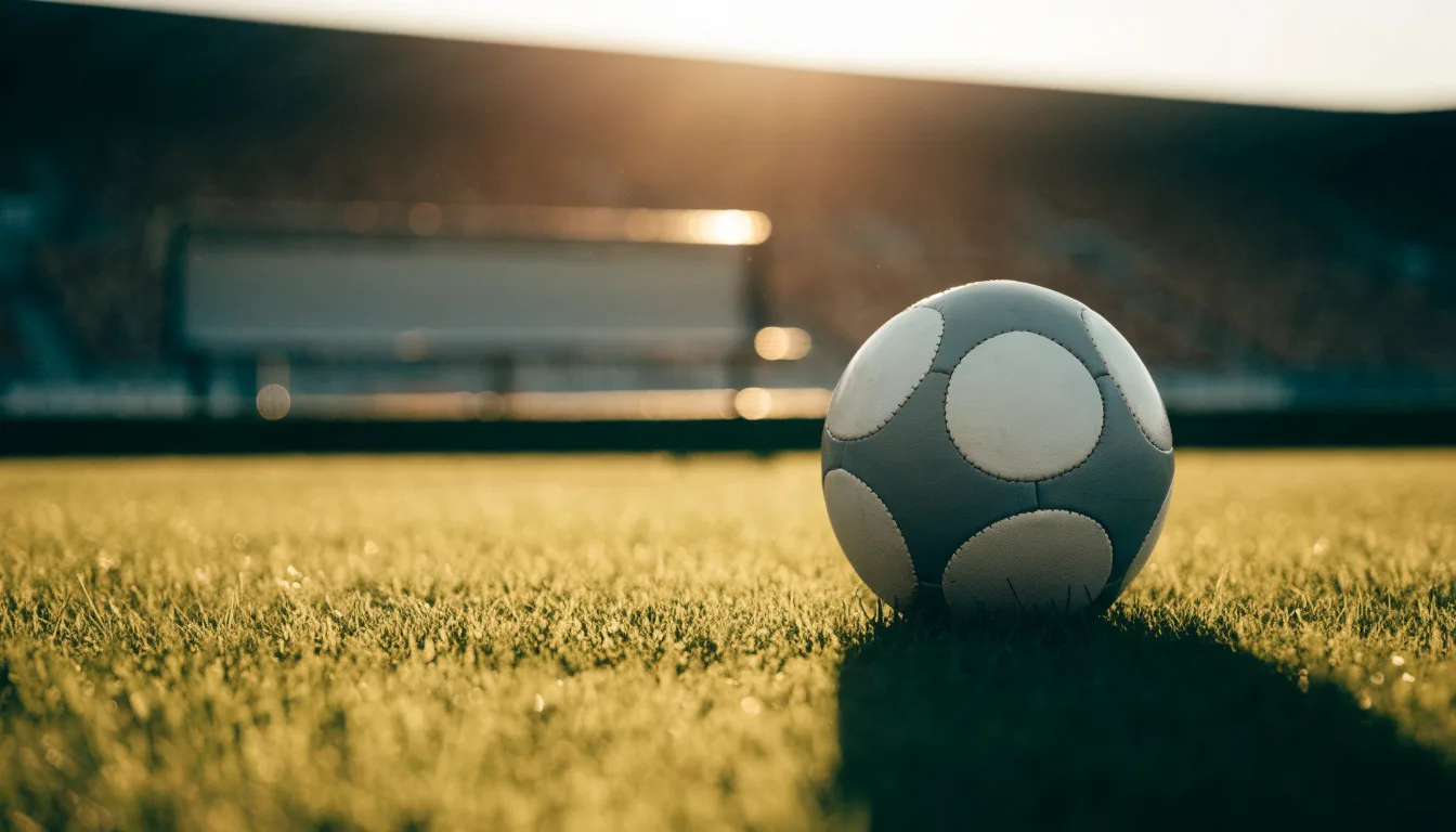 Ein Fußball auf einem Rasenplatz im Gegenlicht der tiefstehenden Sonne, am Rand eine leere Ersatzbank.