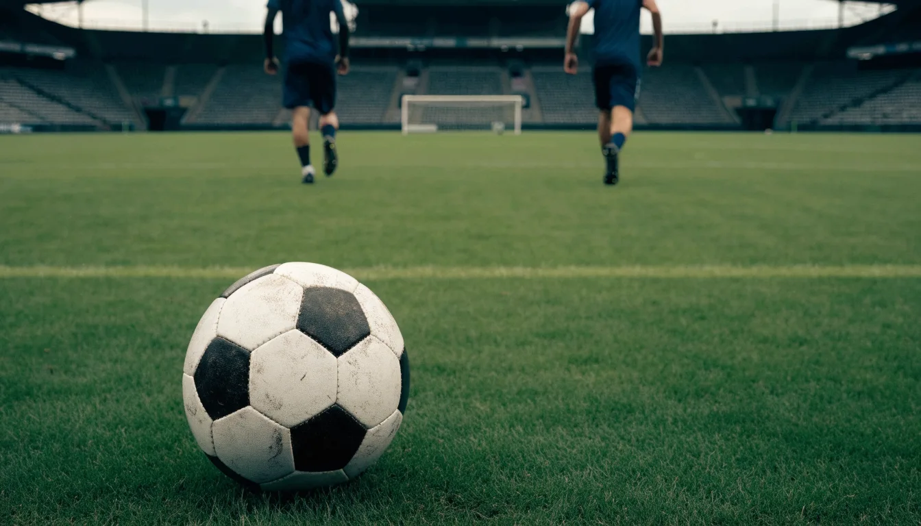 Ein Fußball auf einem Rasen, im Hintergrund ein leeres Stadion bei bewölktem Himmel.