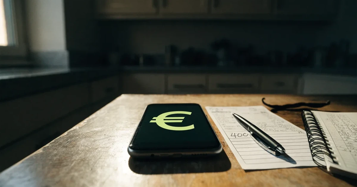 Ein Taschenrechner, ein Stift und ein Smartphone mit dunklem Bildschirm liegen auf einem Küchentisch im Morgenlicht.