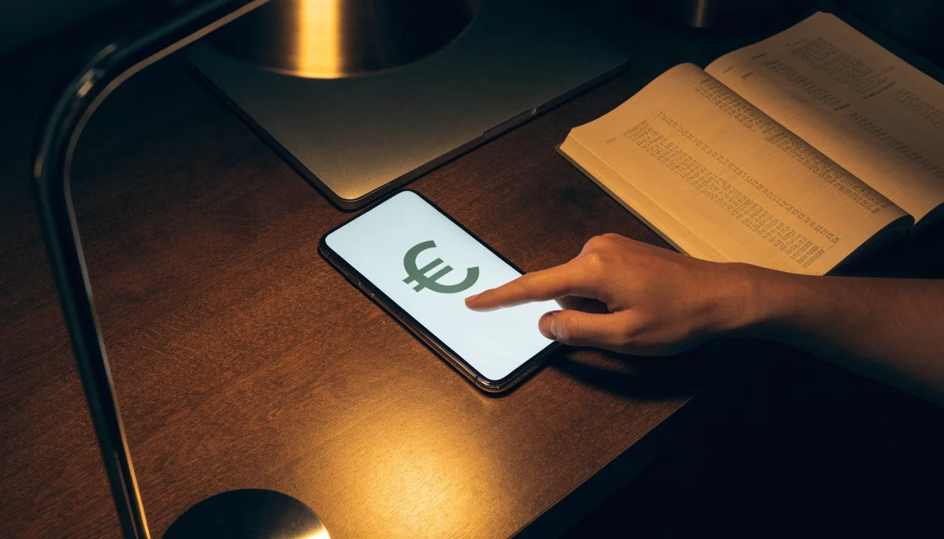 Ein Schreibtisch mit Lampe und geschlossenem Laptop in einem ruhigen Büro bei Abendlicht.