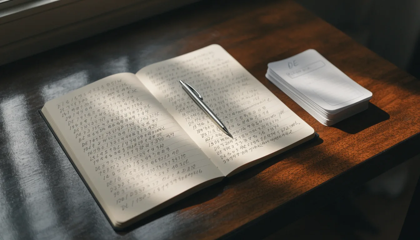 Ein Taschenrechner und ein Notizbuch mit handschriftlichen Zahlenreihen auf einem Schreibtisch neben einem Kugelschreiber.