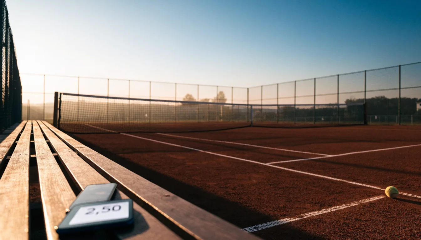 Ein Tennisplatz bei Sonnenaufgang, Netz und Linien im Streiflicht, ohne Menschen.