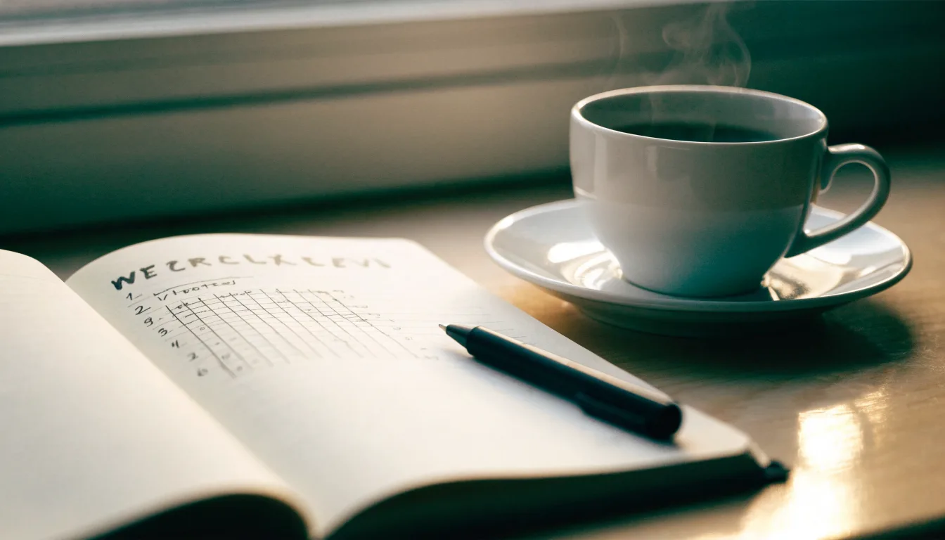 Ein aufgeschlagenes leeres Notizbuch mit Kugelschreiber neben einer Tasse Kaffee auf einem Tisch am Fenster.