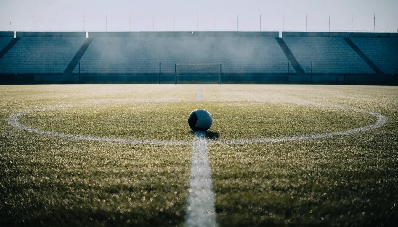 Ein Fußball liegt auf dem Anstoßpunkt eines leeren Rasenplatzes, im Hintergrund hängt Morgendunst über den Tribünen.