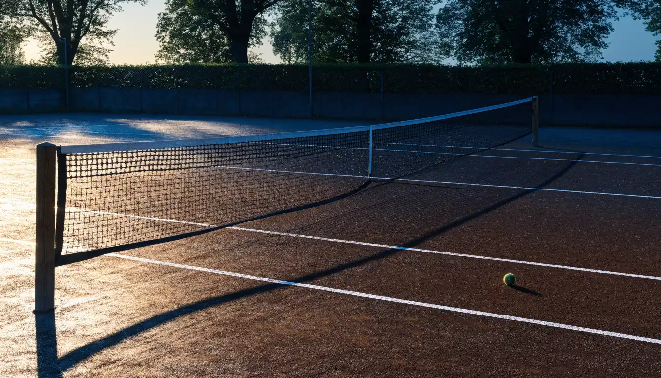 Ein Tennisplatz bei Sonnenaufgang, die Linien noch taufeucht, ein einzelner Ball liegt an der Grundlinie.