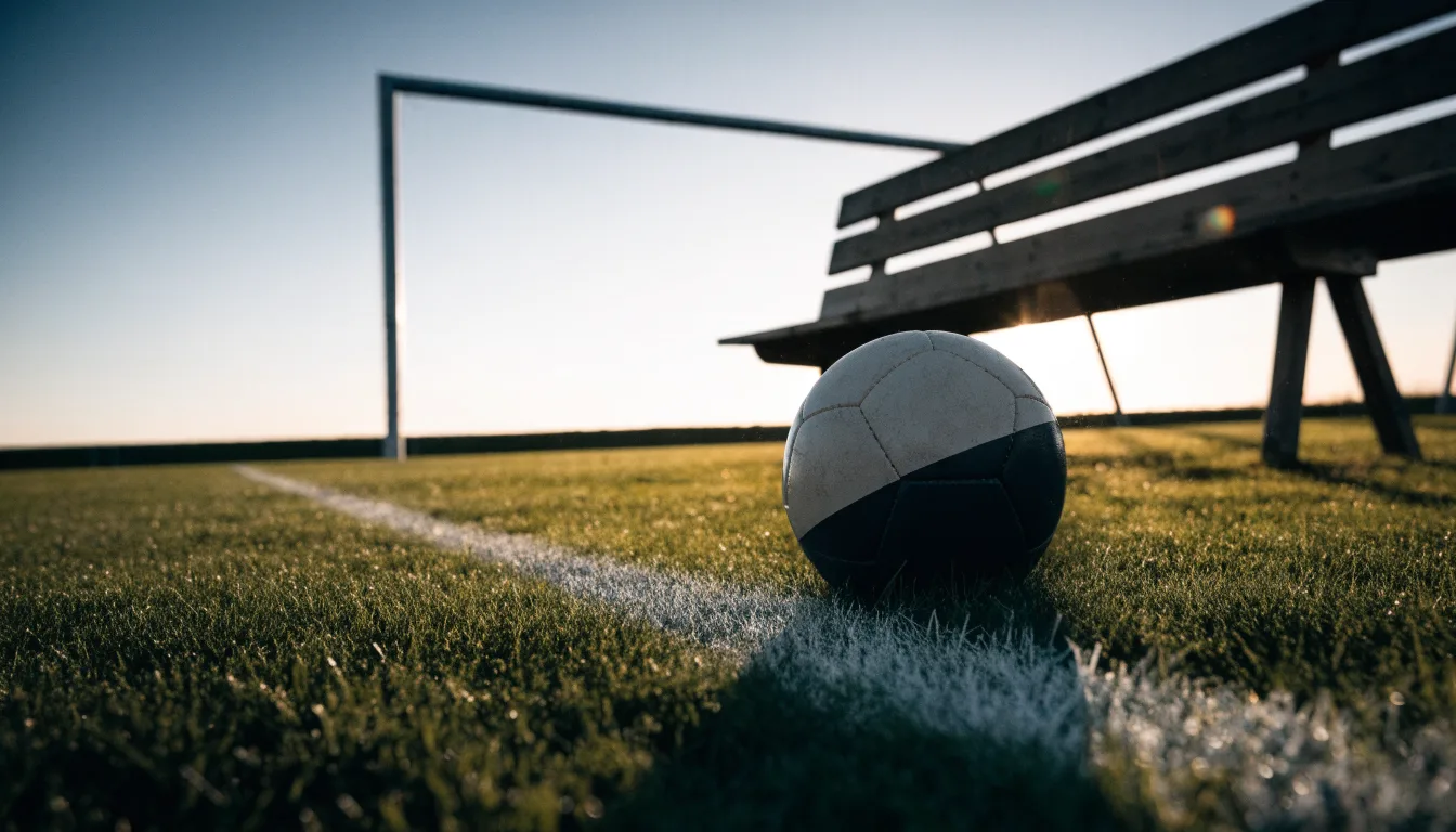 Ein Fußball liegt im Gras am Spielfeldrand, dahinter eine leere Bank und ein Tor im Gegenlicht.