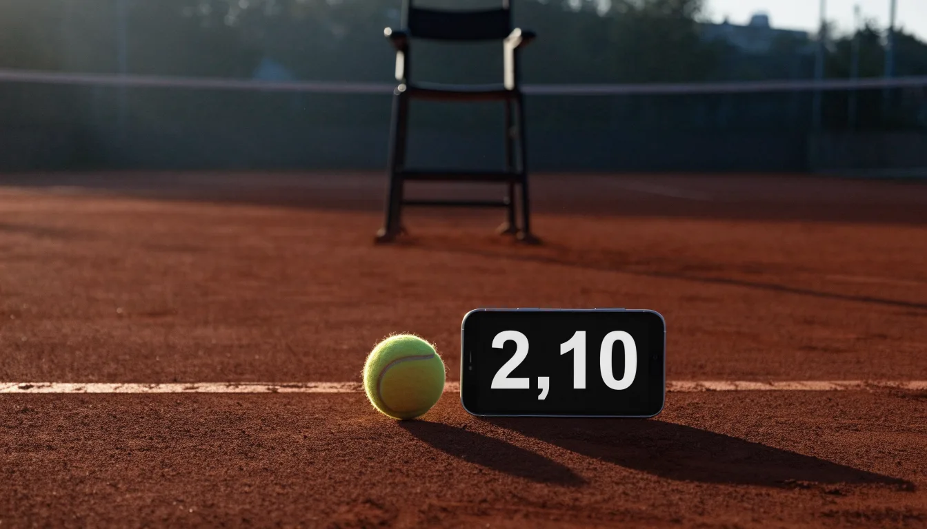 Ein Tennisball liegt auf einem roten Sandplatz bei Sonnenaufgang, im Hintergrund ein leerer Schiedsrichterstuhl.