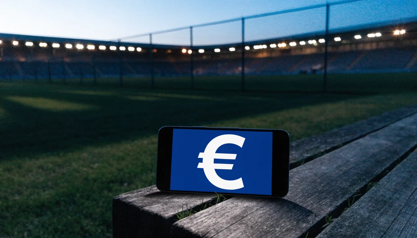 Ein Stadion unter Flutlicht aus der Ferne, davor ein stilles Feld im Dämmerlicht.