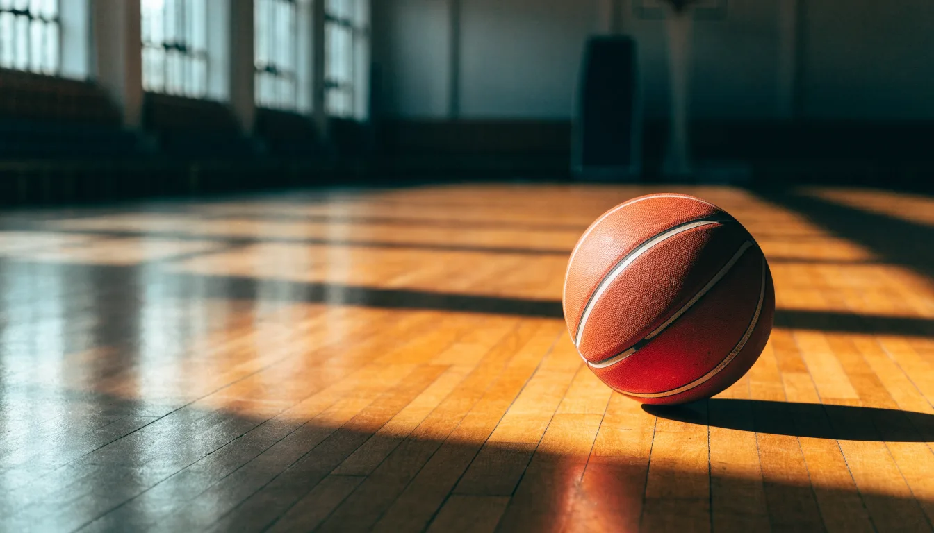 Ein Basketball liegt auf dem Parkett einer leeren Halle, Licht fällt durch hohe Fenster.