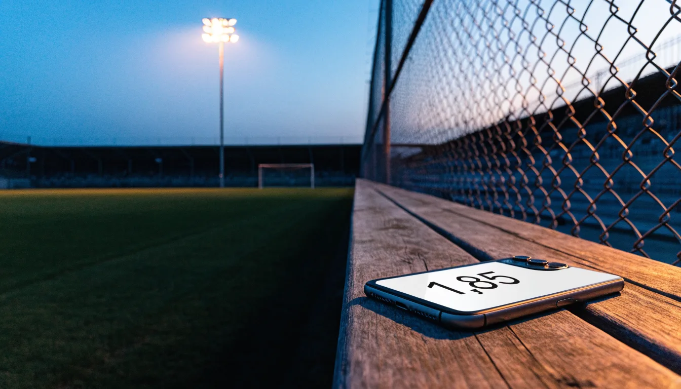 Eine Flutlichtanlage über einem leeren Sportplatz am Abend, im Vordergrund ein Maschendrahtzaun.