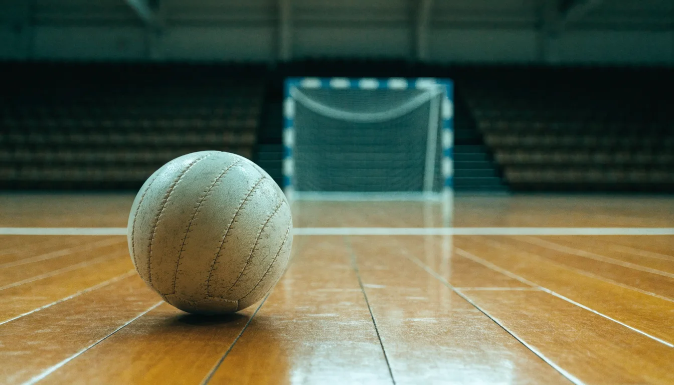 Ein Handball liegt in einer leeren Halle auf dem Boden vor dem Tor.