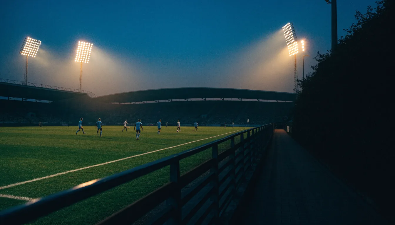 Ein Stadion bei Dämmerung mit eingeschalteten Flutlichtmasten, von einer Brücke aus aufgenommen.