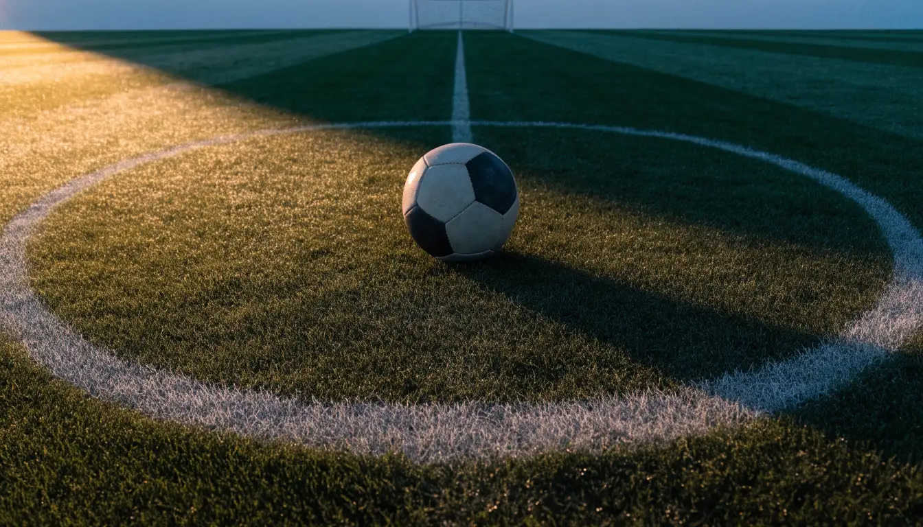 Ein Fußball liegt auf dem Anstoßkreis eines leeren Rasenplatzes im frühen Morgenlicht.