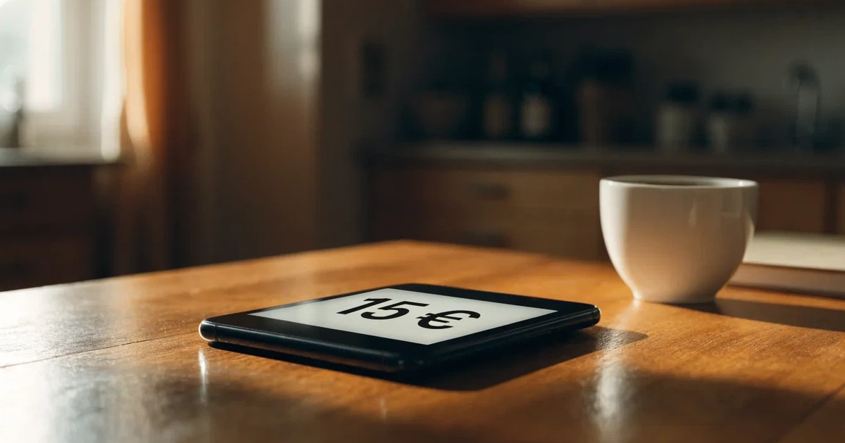 Ein Smartphone mit dunklem Display liegt neben einer Kaffeetasse und einem Notizbuch auf einem Küchentisch.
