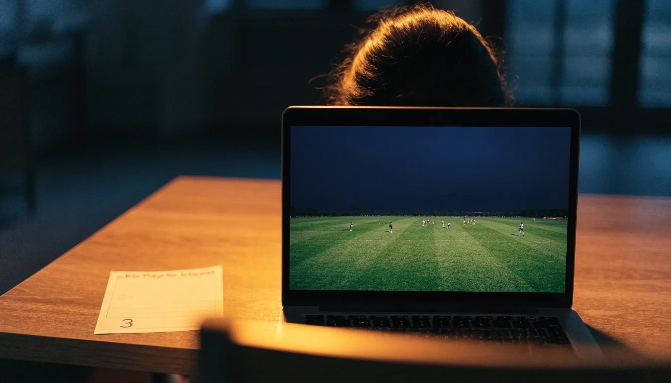 Ein Stadion unter Flutlicht aus großer Entfernung, davor die Silhouetten von Bäumen im Abendhimmel.