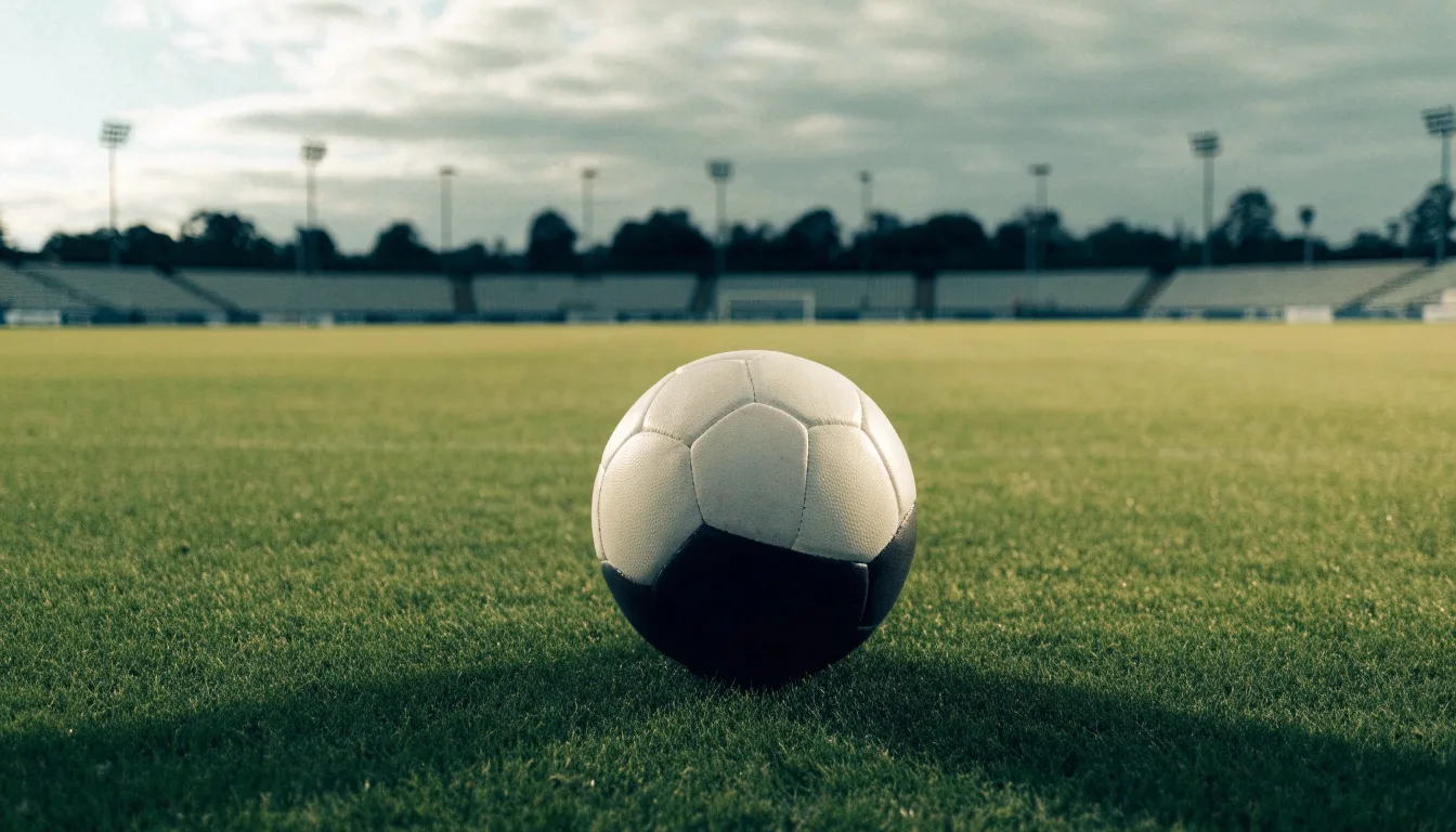 Ein Fußball auf einem Rasenplatz, im Hintergrund Flutlichtmasten und ein bewölkter Himmel.