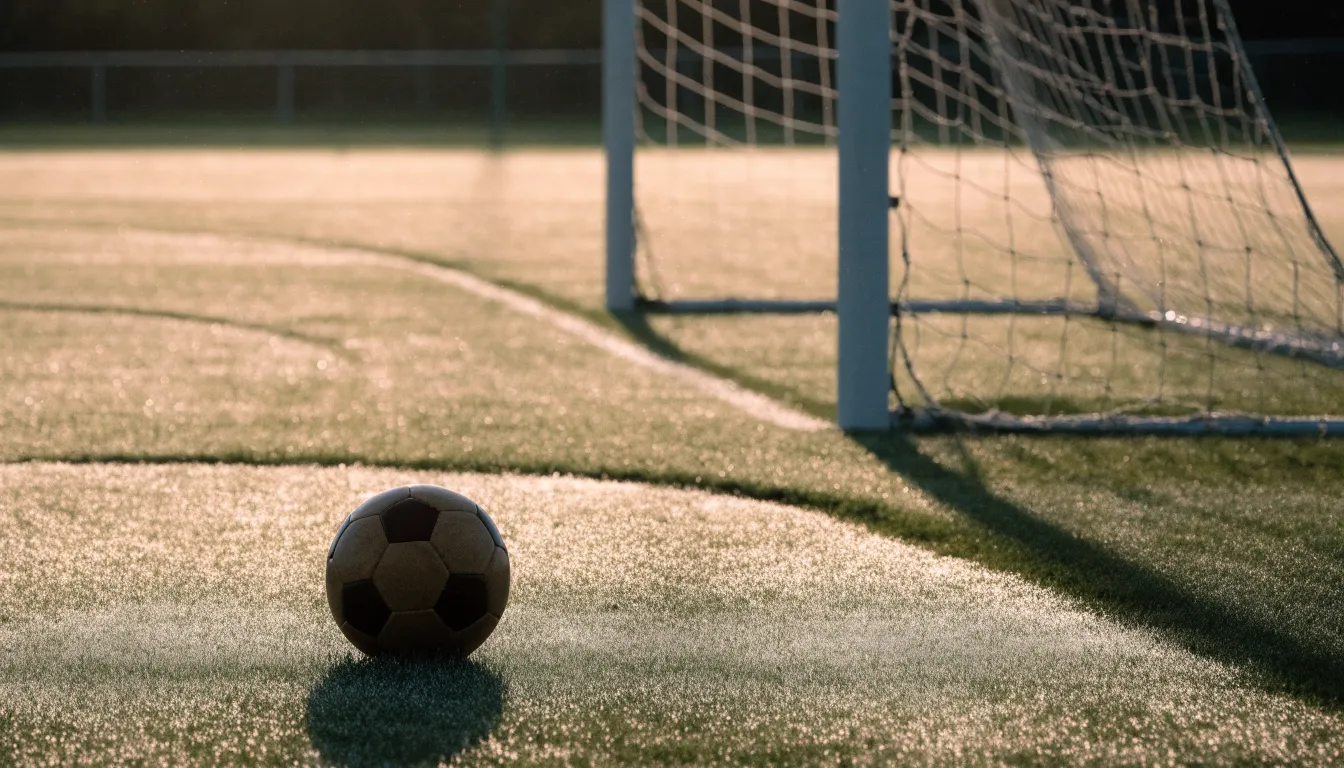 Ein Fußball auf dem Rasen vor einem leeren Tor im frühen Morgenlicht.