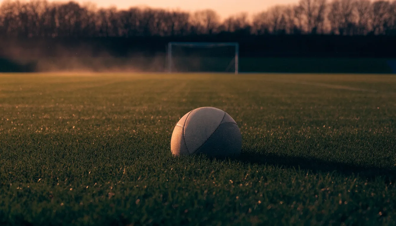 Ein Fußball liegt in der Mitte eines leeren Rasenplatzes, am Horizont färbt sich der Himmel orange.