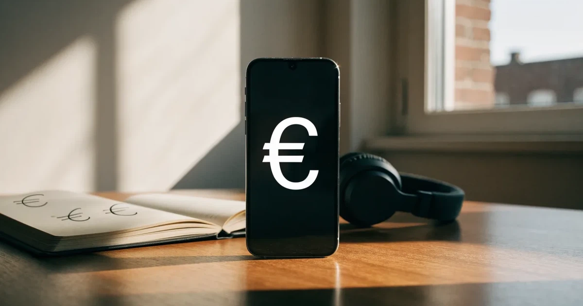 Ein Smartphone mit schwarzem Display liegt neben Kopfhörern auf einem Schreibtisch, daneben ein aufgeschlagenes Notizbuch.