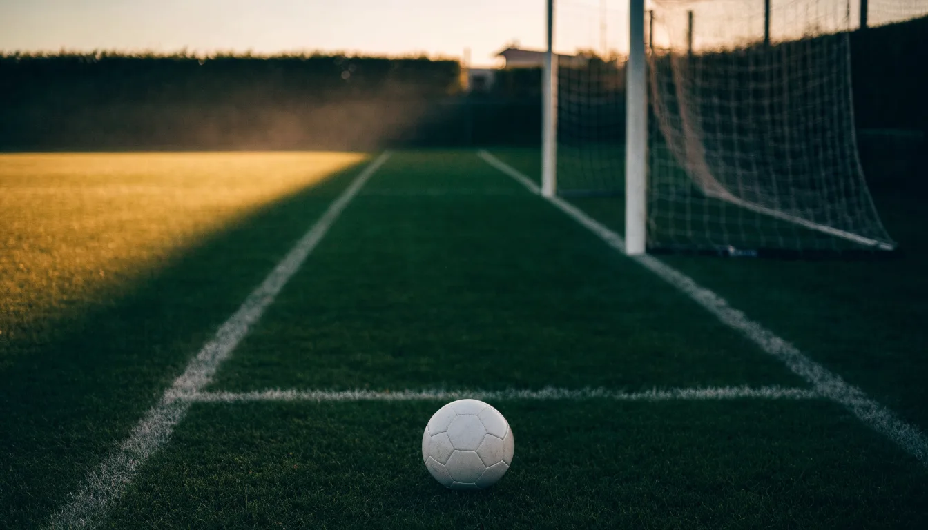 Ein Fußball liegt im Strafraum eines leeren Platzes, dahinter die Netze des Tores im Abendlicht.