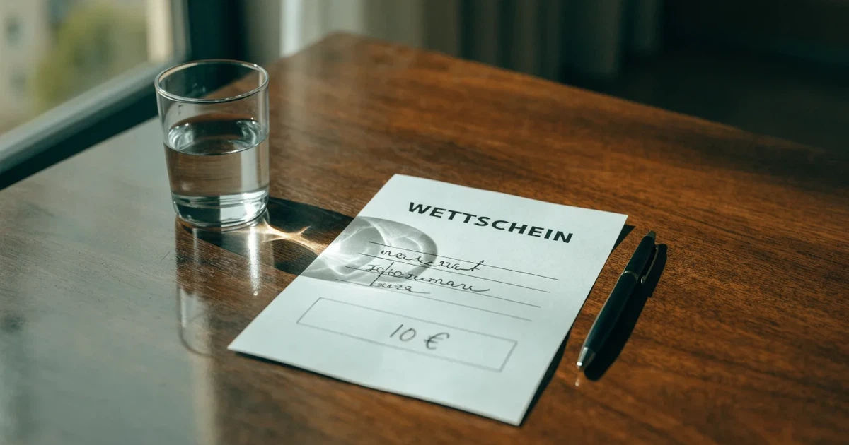 Ein leerer Papier-Wettschein liegt zusammen mit einem Kugelschreiber auf einem Tisch, daneben ein Glas Wasser.