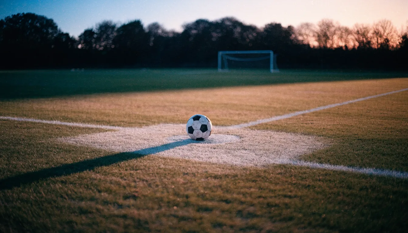 Ein Fußball liegt auf dem Elfmeterpunkt eines leeren Platzes im Abendlicht.