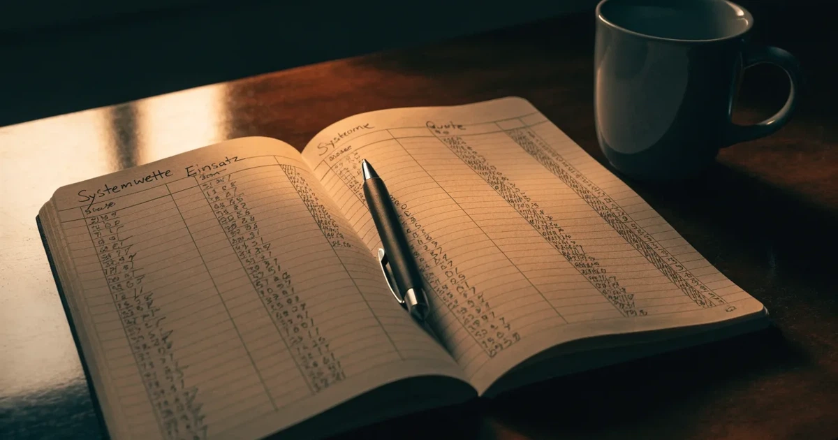 Ein Notizbuch mit handschriftlichen Zahlenreihen und Strichlisten liegt neben einem Taschenrechner auf einem Schreibtisch.