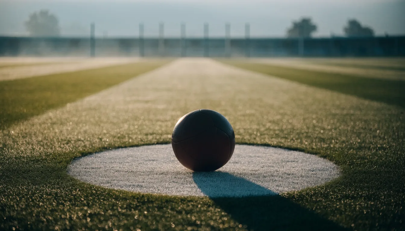 Ein Fußball auf dem Mittelkreis eines leeren Rasenplatzes im frühen Morgenlicht.