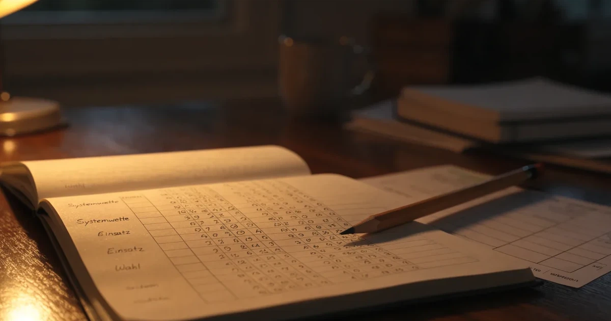 Ein Notizbuch mit handschriftlichen Zahlenreihen und Kästchen liegt neben einem Taschenrechner und einem Bleistift auf einem Schreibtisch.
