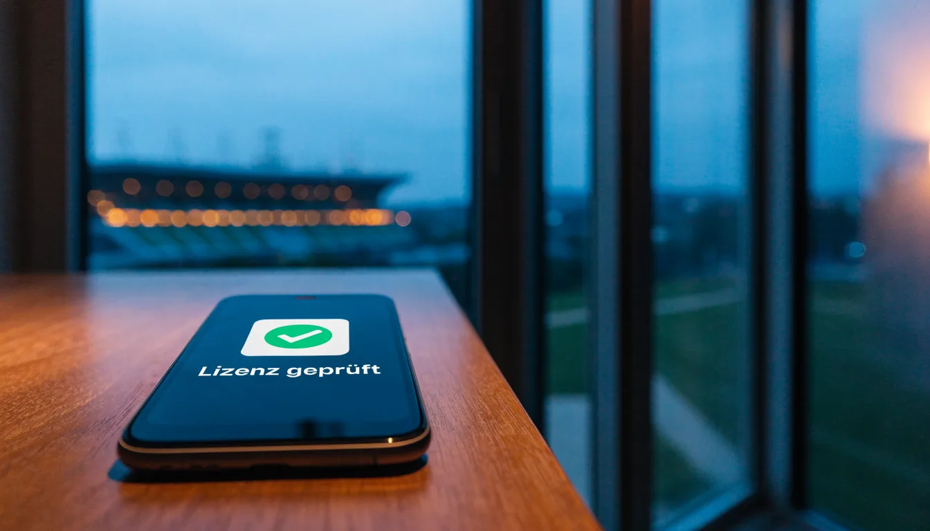 Ein beleuchtetes Stadion aus großer Distanz am Abend, im Vordergrund ein Feldweg.