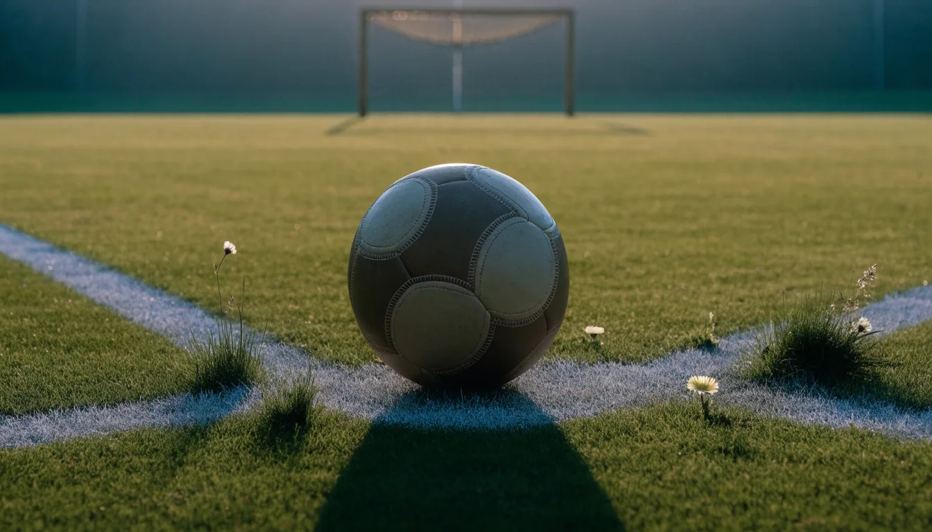 Ein Fußball liegt am Rand des Mittelkreises auf einem leeren Rasenplatz bei Sonnenaufgang.