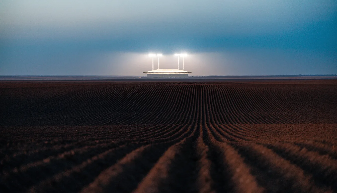 Ein Stadion unter Flutlicht aus großer Entfernung, davor ein dunkler Acker im Abendlicht.