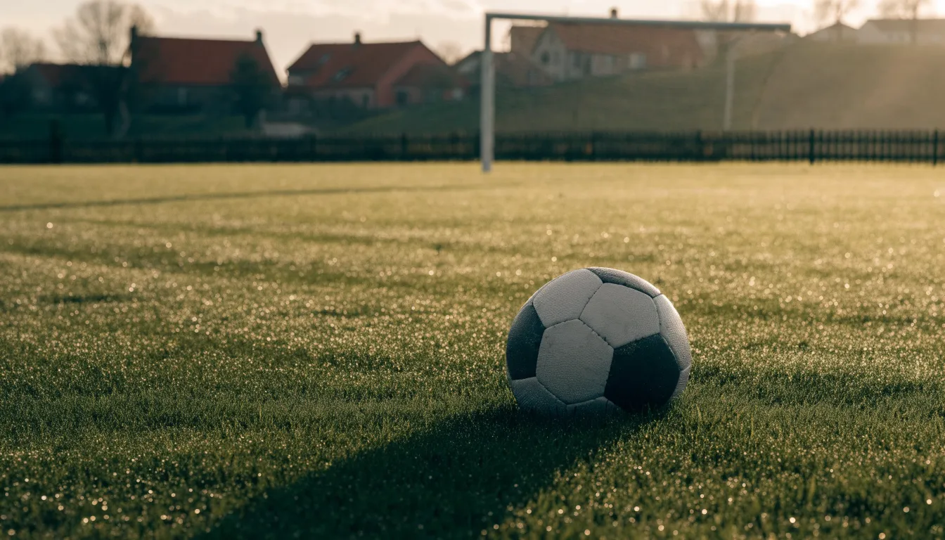 Ein Fußball auf dem Rasen eines leeren Sportplatzes am Rand einer Kleinstadt im Morgenlicht.