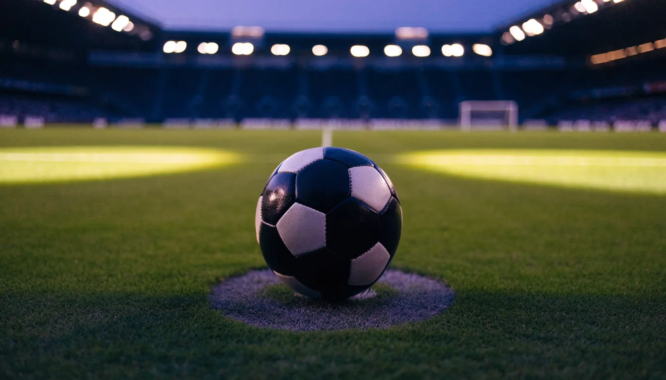 Ein Fußball liegt auf dem Anstoßpunkt eines leeren Rasenplatzes, im Hintergrund ein Stadion unter Flutlicht in der Abenddämmerung.